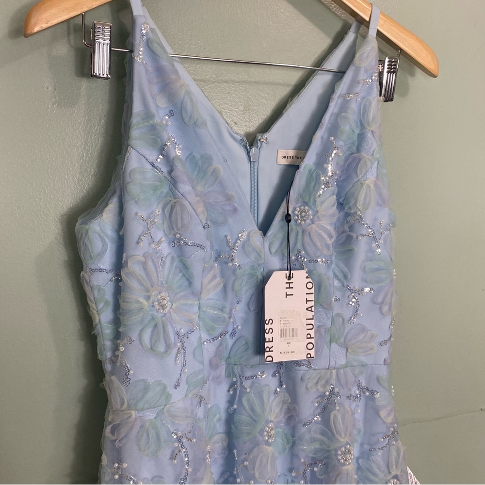 Dress The Population Audrey Sleeveless Lace Overlay Midi Dress Blue Tulle Sz L - Picture 3 of 10